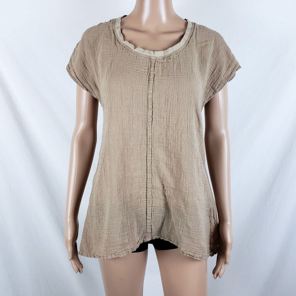 Flax Crinkle Gauze Linen Top Womens P (4-6) Lagenlook Rustic Bohemian Brown